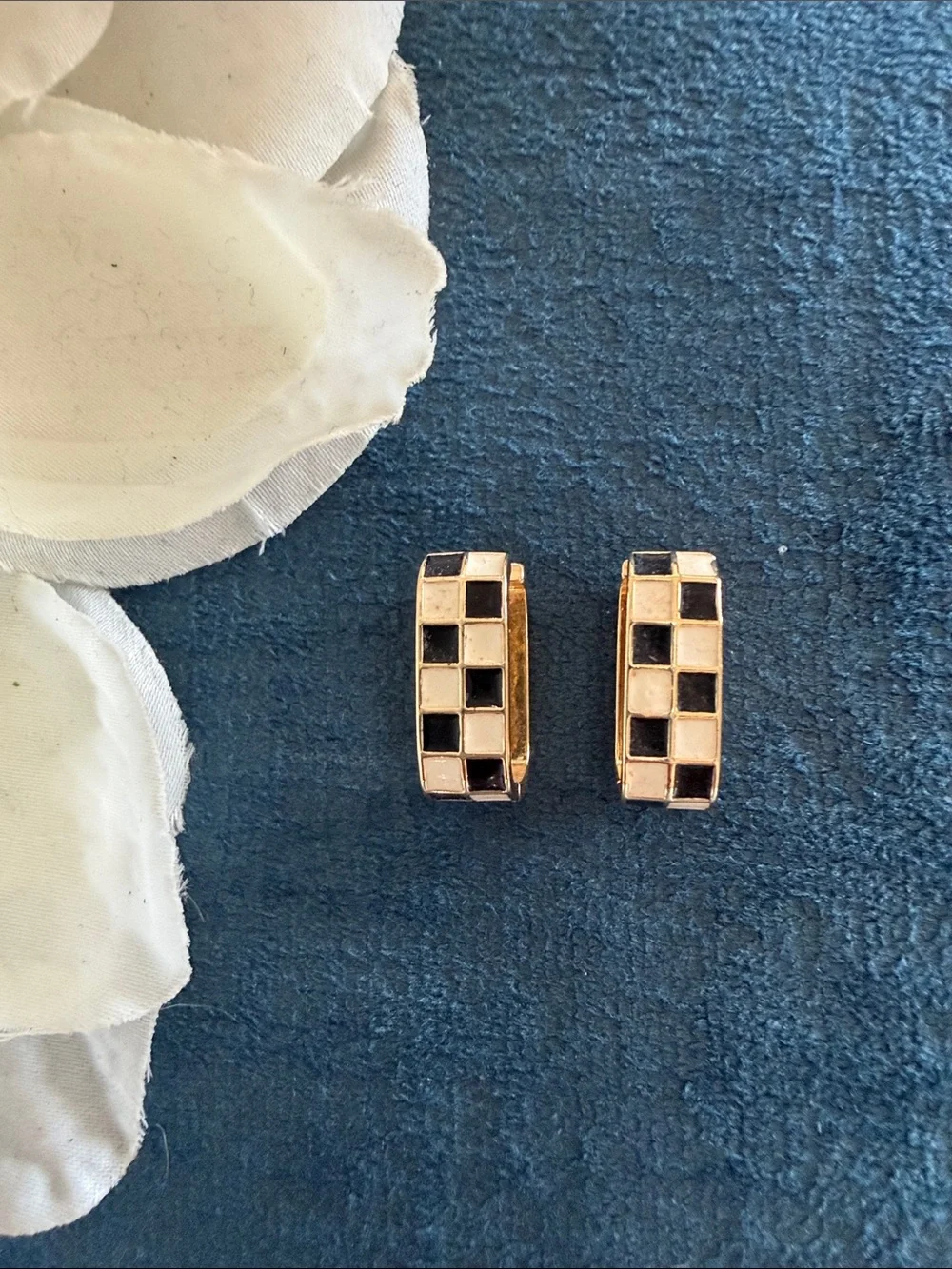 Gold Toned Huggie Earrings with Black and White Checkerboard